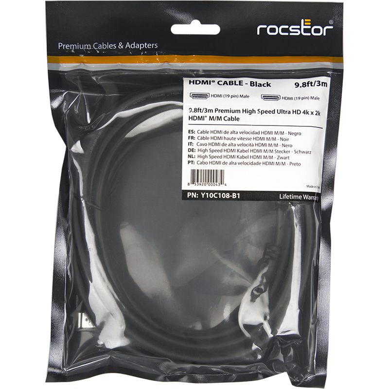 Rocstor Premium High Speed HDMI Cable with Ethernet. - For Digital Video, Monitor, TV, & Projectors with Audio HDMI (M/M) 10ft