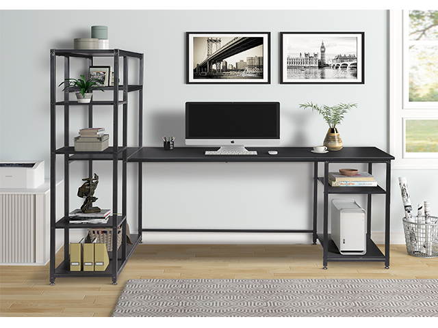 Office Computer Game Desk with Multiple Storage Shelves, Modern Large Office Desk with Bookshelf and Storage Space,Black,GT67