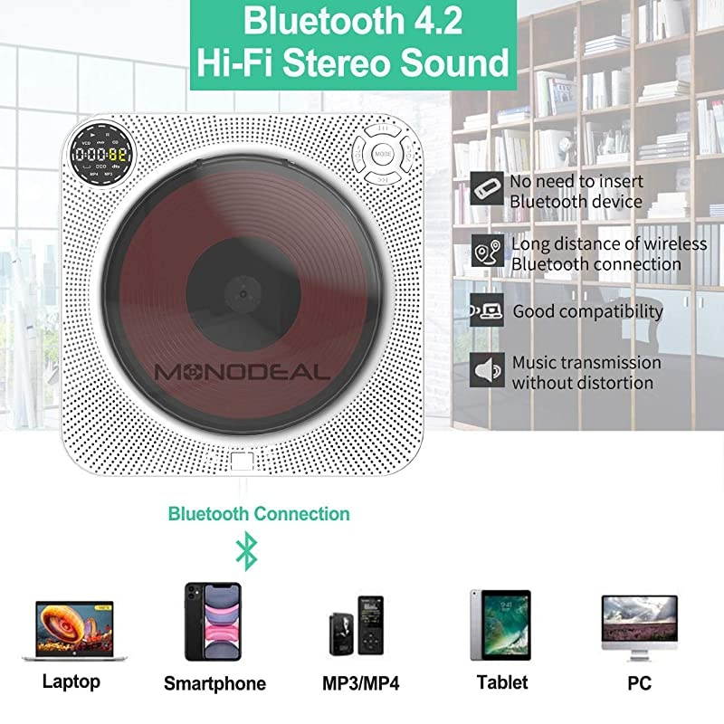 Rechargeable Portable CD Player with Bluetooth  Wall Mounted CD Player with Speaker with Remote Control and Dust Cover Also Support DVD VCD and More