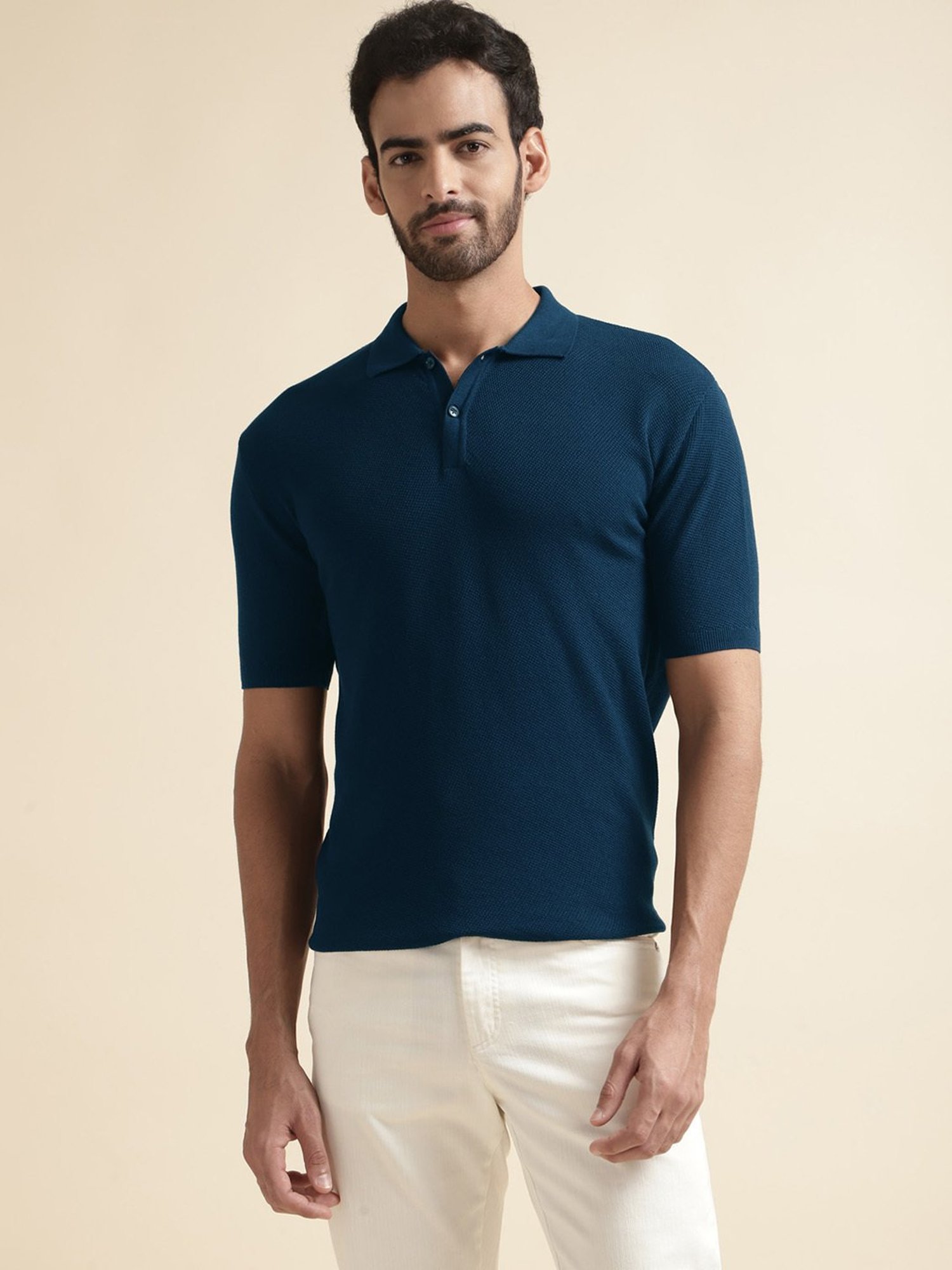 ANDAMEN Navy Regular Fit Textured Polo T-Shirt