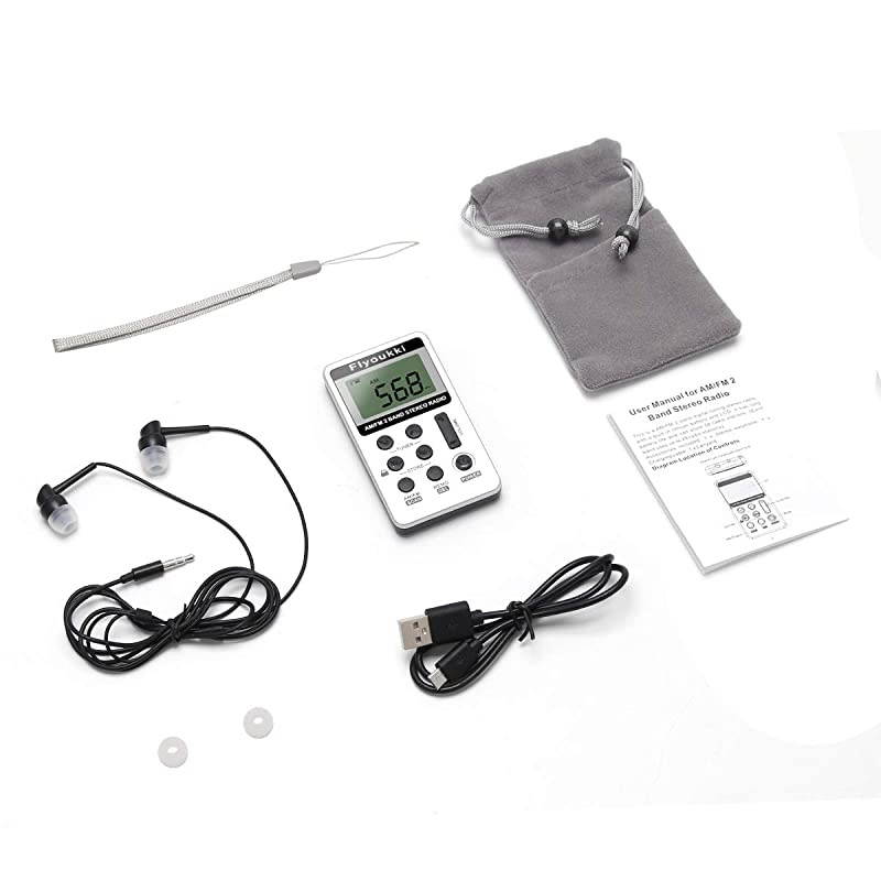 Pocket Small Radio by  Personal Mini AM FM Portable Digital Tuning Transistor Radios with Best Reception Earphones Lanyard and Rechargeable Battery for Walking Jogging Exercising Silver