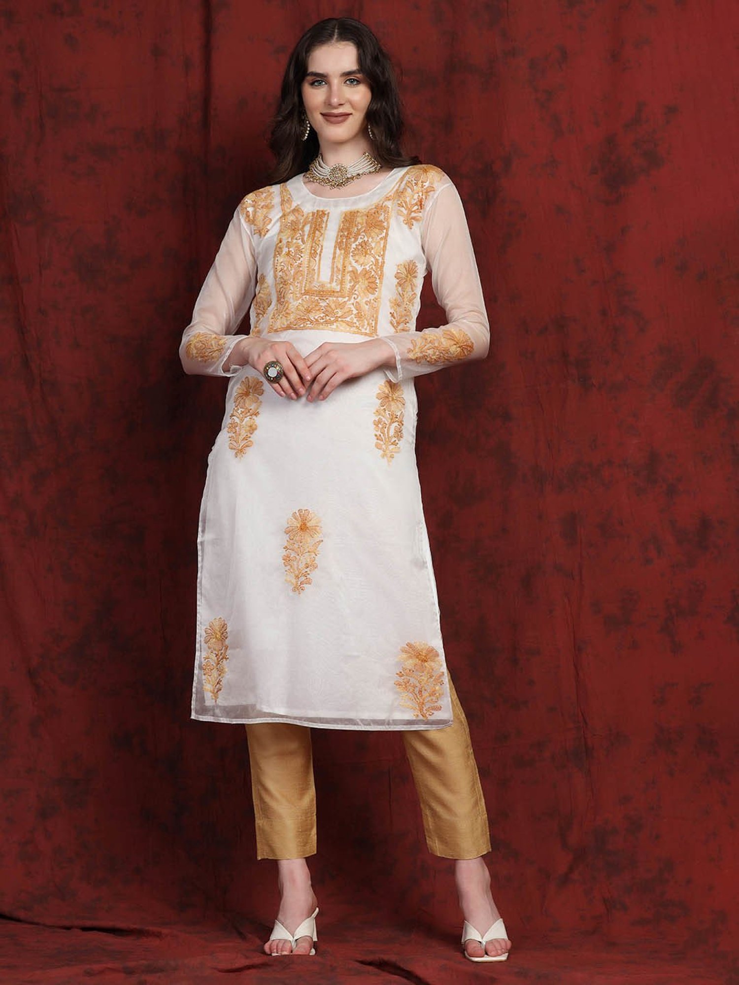 SHADES White & Brown Chikankari Straight Kurta