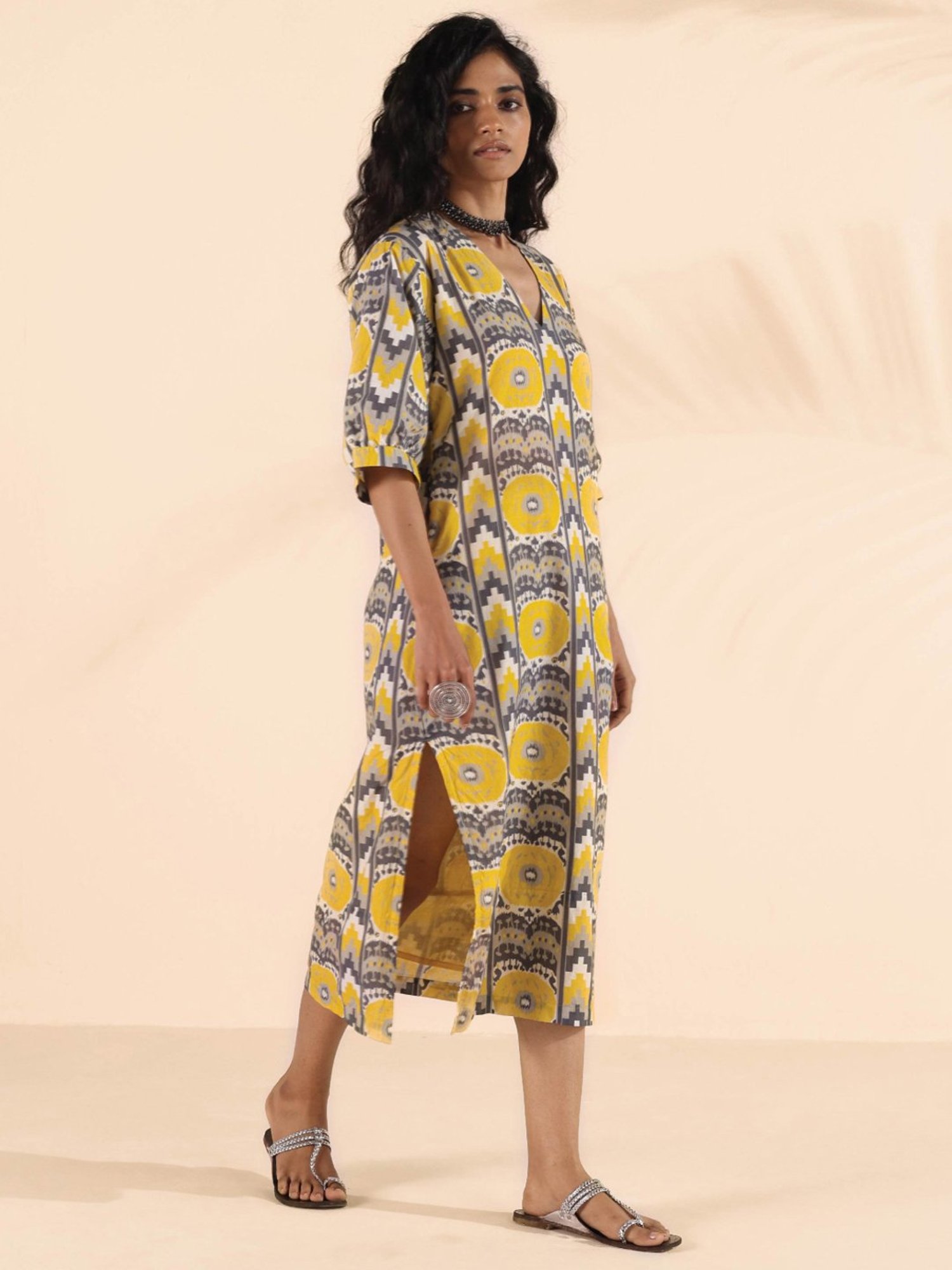 true Browns Grey & Yellow Printed A-Line Dress