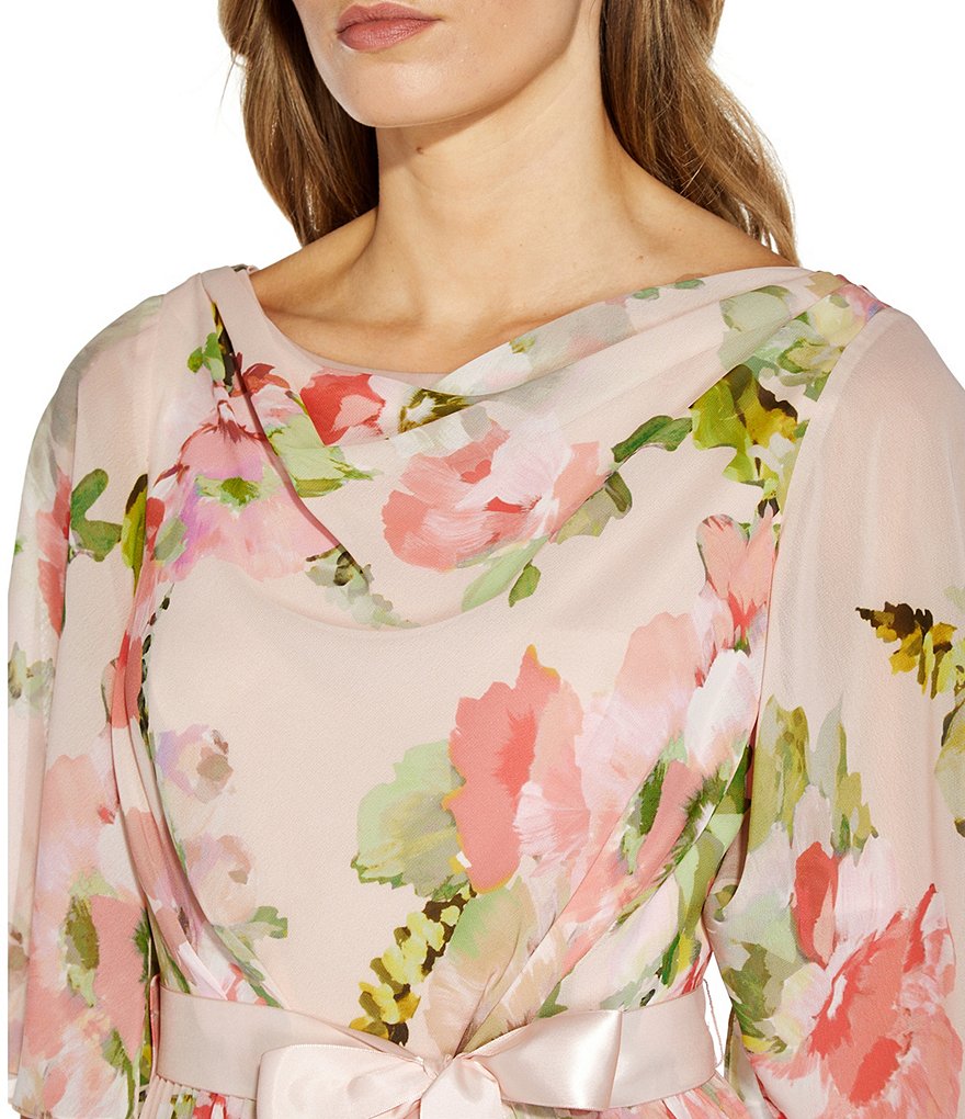 Kay Unger Long Bishop Sleeve V-Neck Crepe A-Line Dress