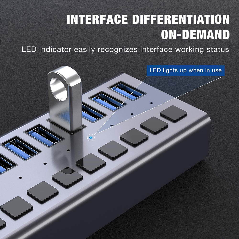 Powered USB Hub - 10 Ports 48W USB 3.0 Data Hub - with Individual On/Off Switches and 12V/4A Power Adapter USB Hub 3.0 Splitter for Laptop, PC, Computer, Mobile HDD, Flash Drive and More