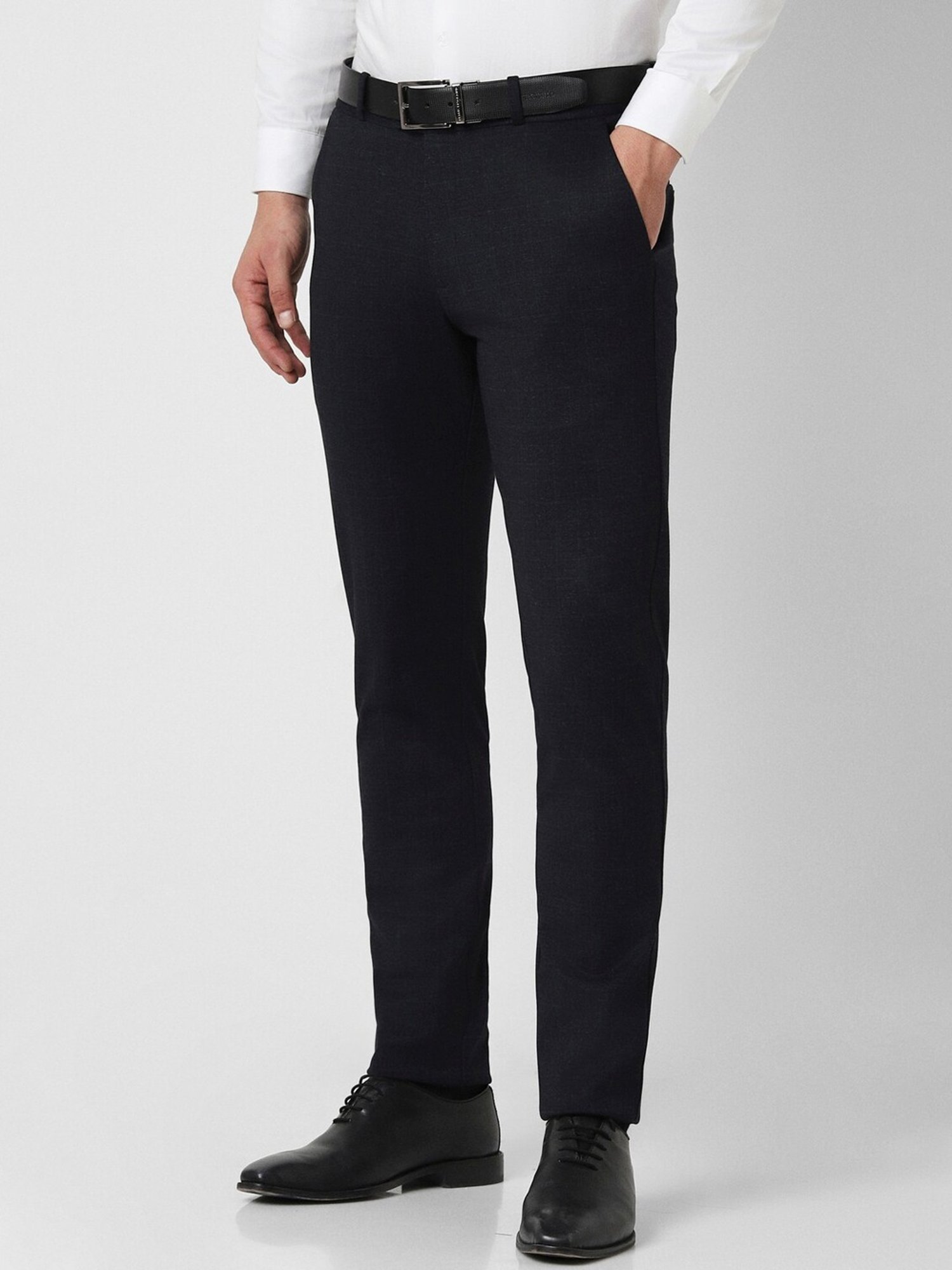 Peter England Black Slim Fit Checks Trousers