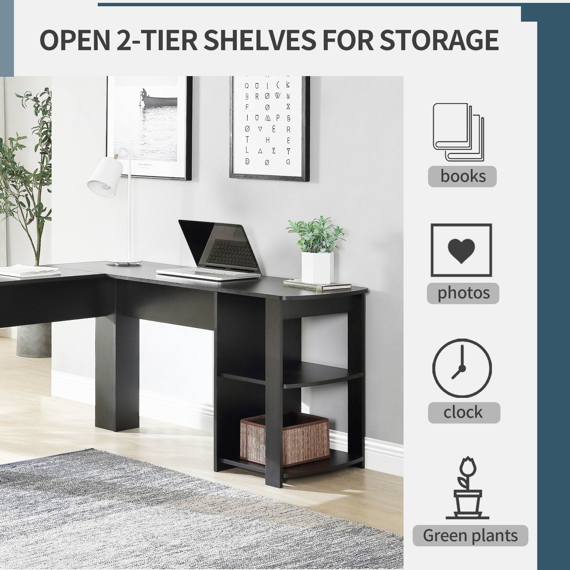 L-Shaped Corner Desk Gaming Desk Home Office Desk Computer Desk Study Workstation Furniture with 2 Open Storage Bookshelves NO Tool Assemble Required(Black)