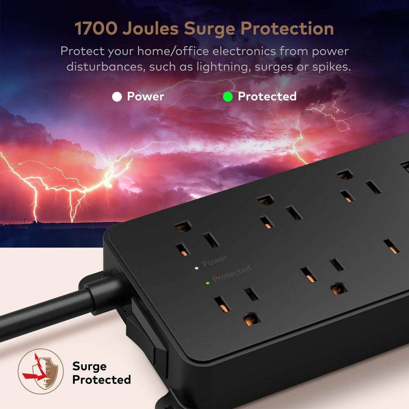 TROND Surge Protector Power Strip with 3 USB Ports, ETL Listed, 7 Widely-Spaced Outlets, Flat Plug, 1700 Joules, 5ft Extension Cord, Wall Mountable, Black