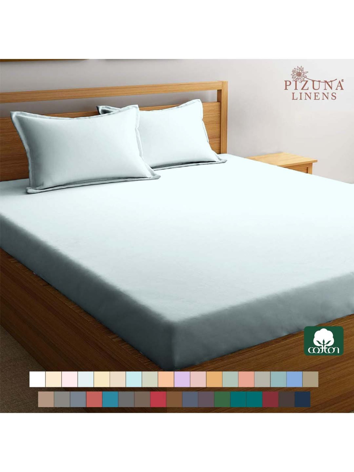 Pizuna 400TC 100% Cotton Light Blue Fitted Bed Sheet Single Size With 1 Pillow Cover