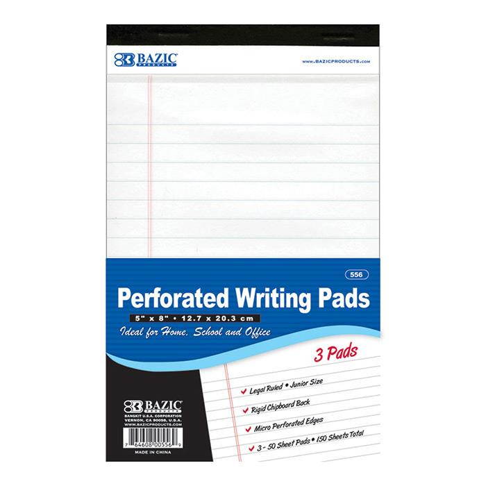 Bazic 556- 24 50 Ct. 5 in. x 8 in. White Jr. Perforated Writing Pad- Pack of 24