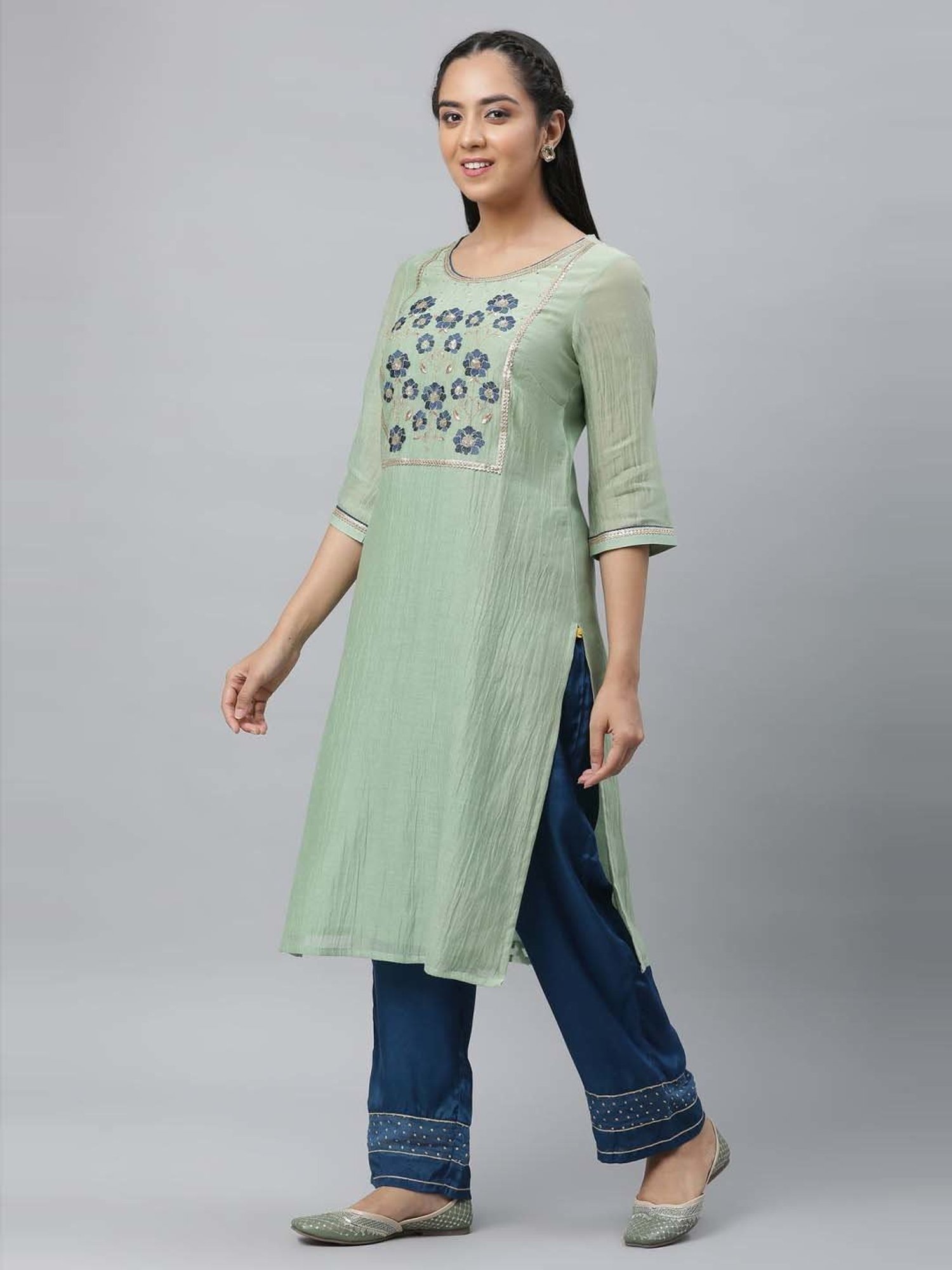 Aurelia Green & Blue Embroidered Kurta Palazzo Set With Dupatta