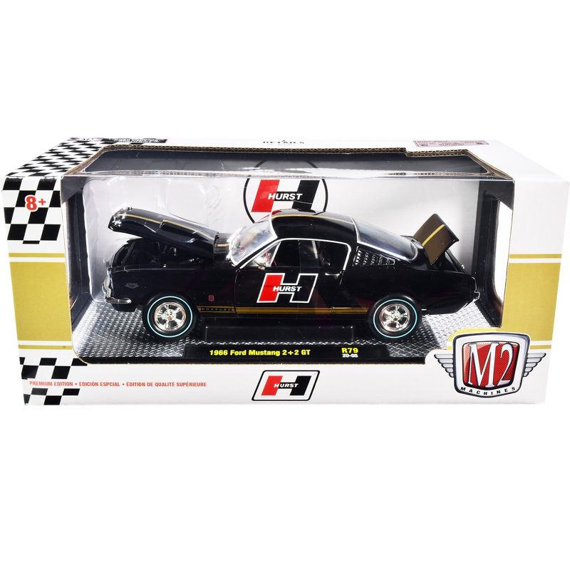 1966 Ford Mustang GT 2+2 Black with Gold Stripes "Hurst" Limited Edition to 6880 pieces Worldwide 1/24 Diecast Model Car by M2 Machines