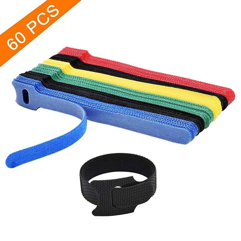 60PCS Reusable Fastening Cable Ties 6Inch Adjustable Cord Ties Microfiber Hook Loop Cords Management Wire Organizer Wraps Assorted Colors