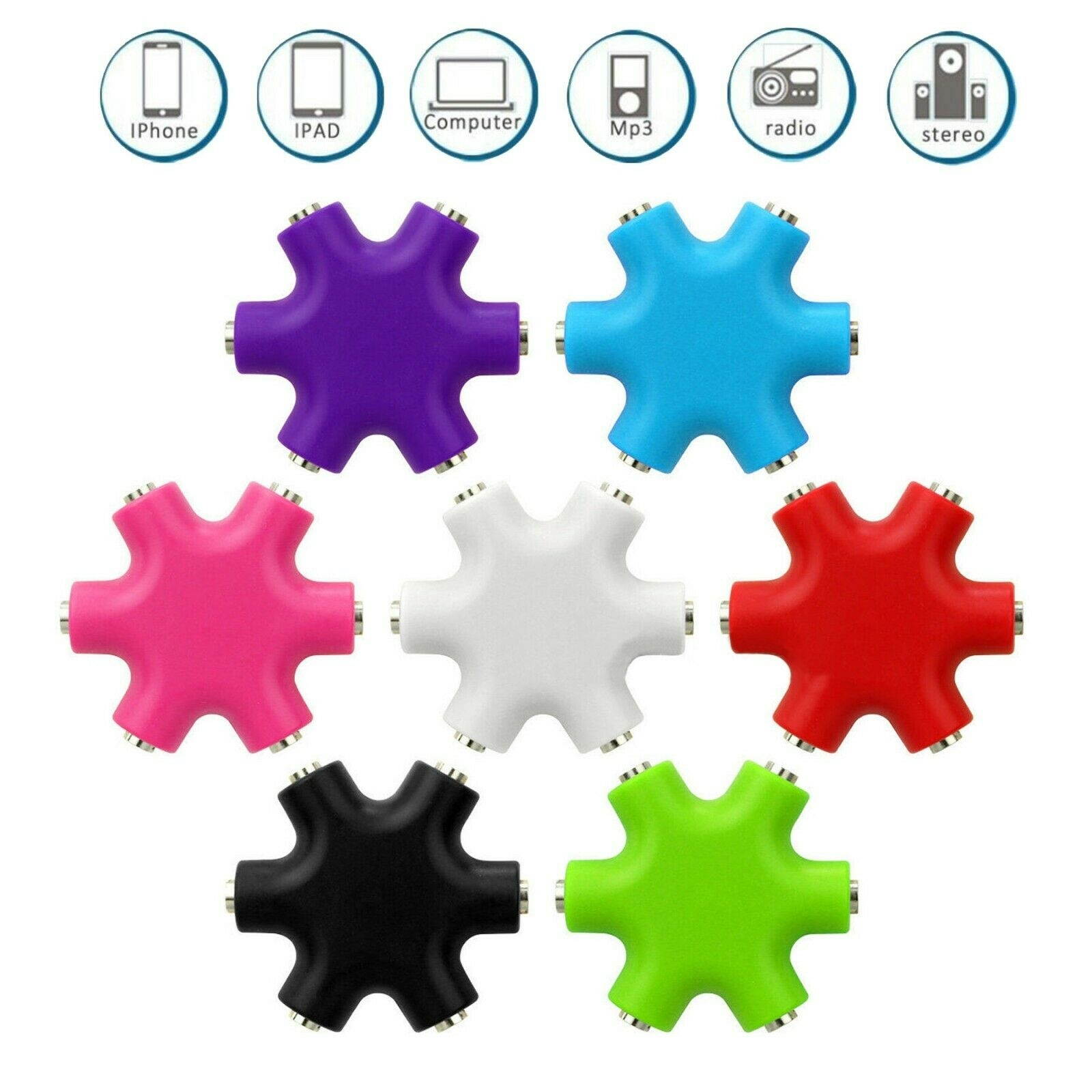 3.5mm Earphone Headphone 6way Audio Splitter 1 Male to 2 3 4 5 Female Port Cable