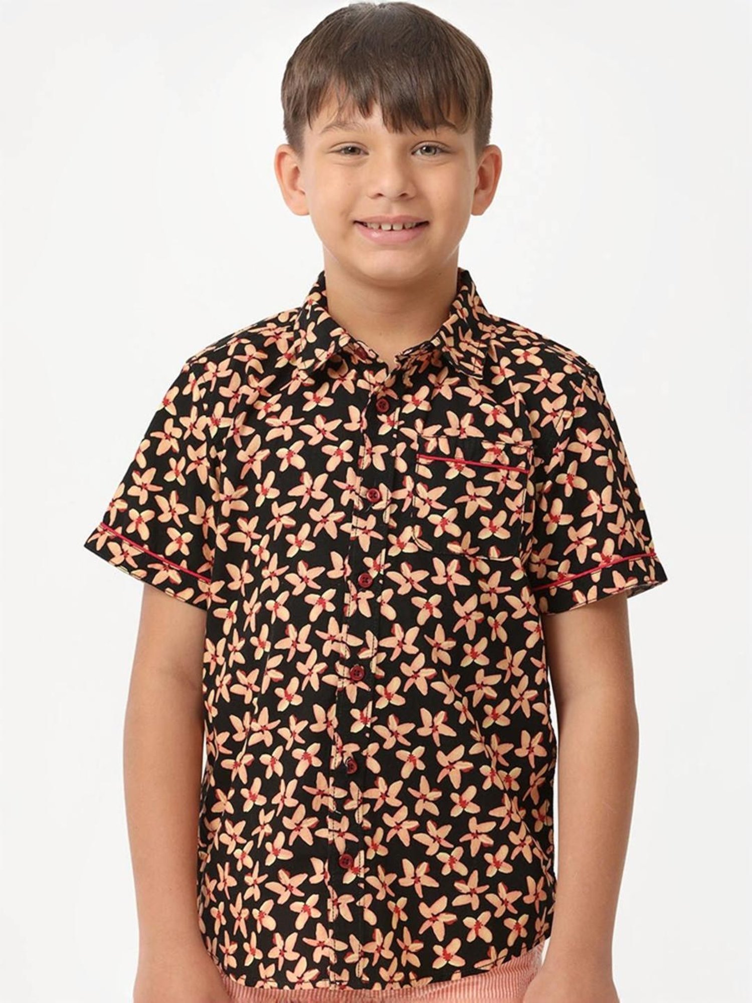 Kate & Oscar Kids Black & Yellow Cotton Floral Print Shirt
