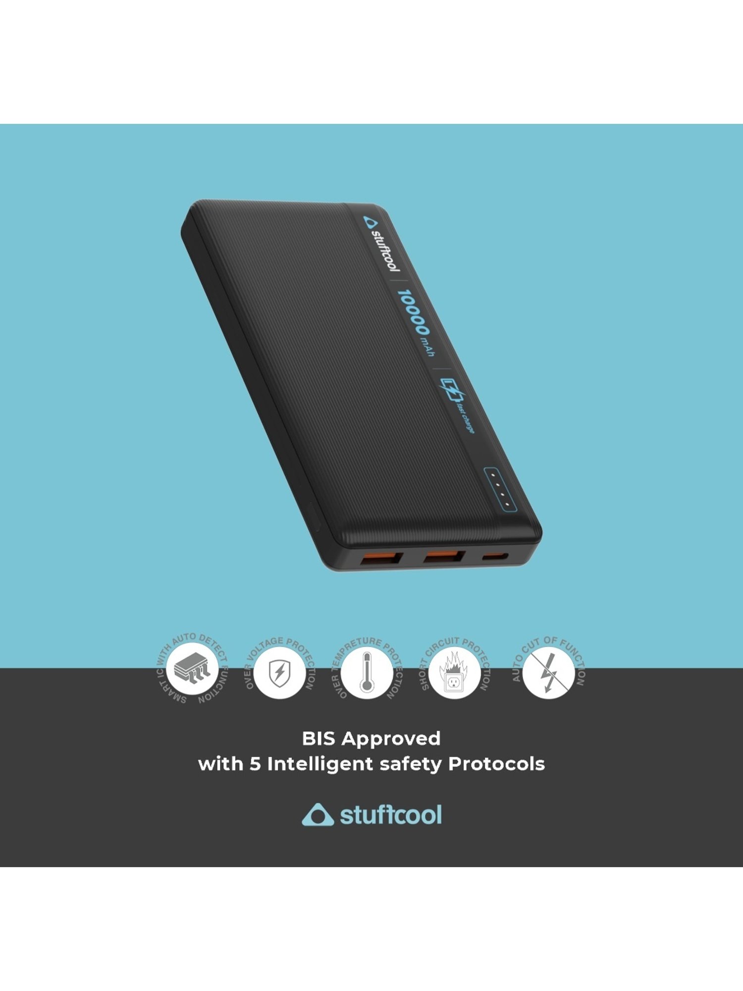 Stuffcool Major 10000mAh 20W Type C PD, 22.5W QC3.0 Type A Port Fast Charging Power Bank (Black)