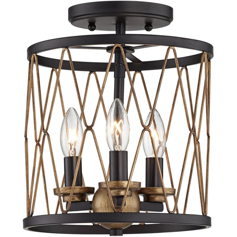 Regency Hill Semi Flush Mount Ceiling Light Fixture Matte Black Gold 9" Wide 3-Light Open Cage for Bedroom Kitchen Living Room