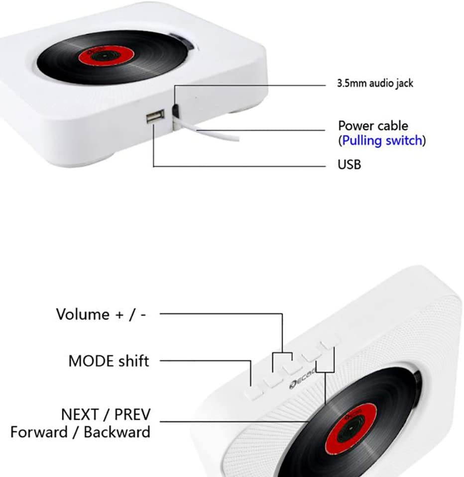 Yixianxi Home Wall Mounted CD Player Surround Sound FM Radio Bluetooth USB MP3 Disk Portable Music Player Remote Control Stereo Speaker (White)