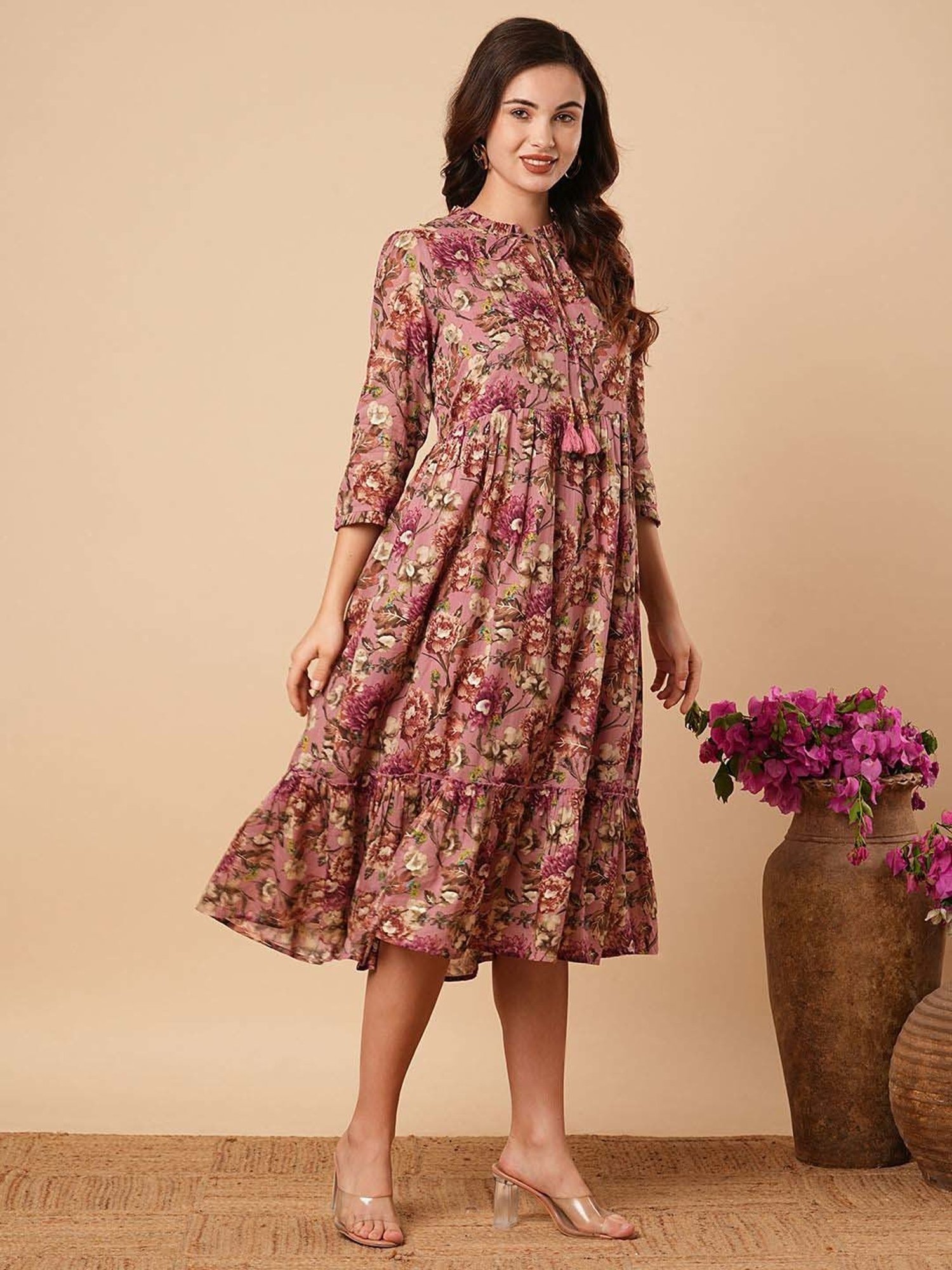 Fashor Purple Cotton Printed A-Line Dress