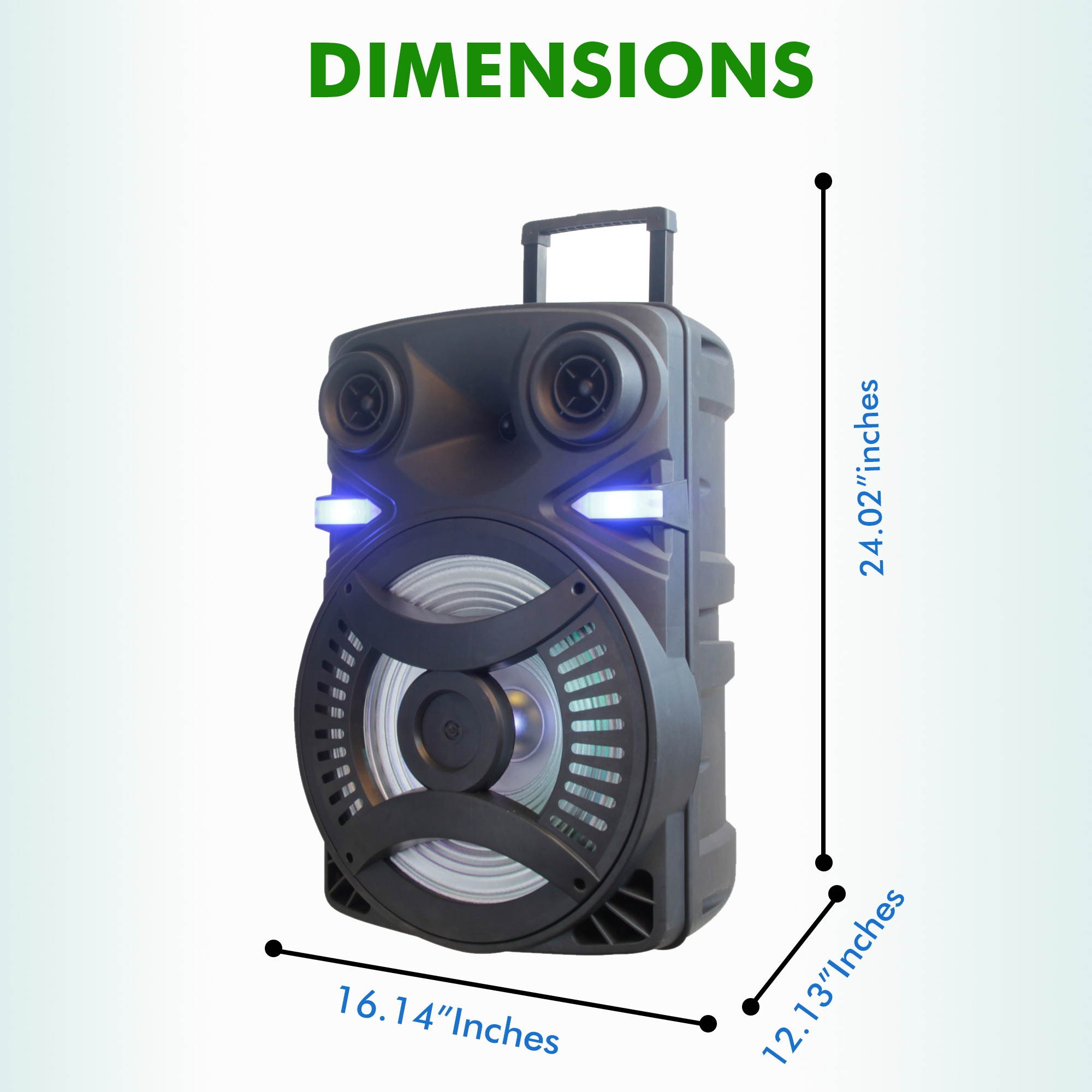 Technical Pro Rechargeable 15 Inch Bluetooth LED Speaker Package with Tripod & Microphone, Bluetooth LED Lights, LED Woofer, Telescoping Handle, SD/ USB Inputs, Tripod Included, TWS Stereo Sound