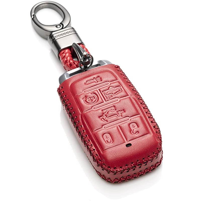 Genuine Leather Keyless Entry Remote Control Smart Key Case Cover with Leather Key Chain for 2019 2021 RAM 1500 6Button Red