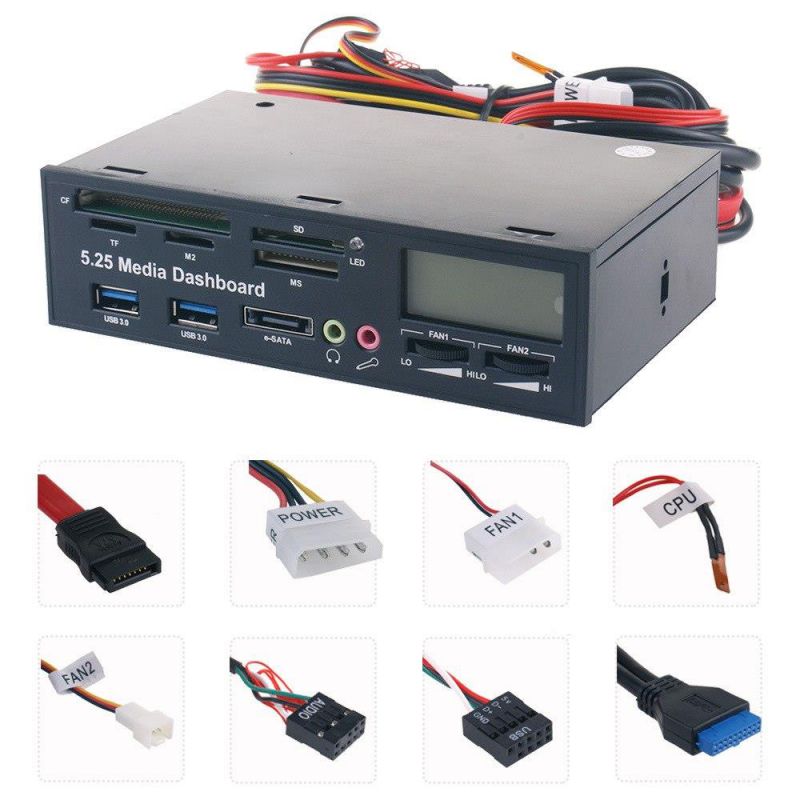 5.25" USB 3.0 e SATA All in 1 PC Media Dashboard Multi function Front Panel Card Reader I/O Ports