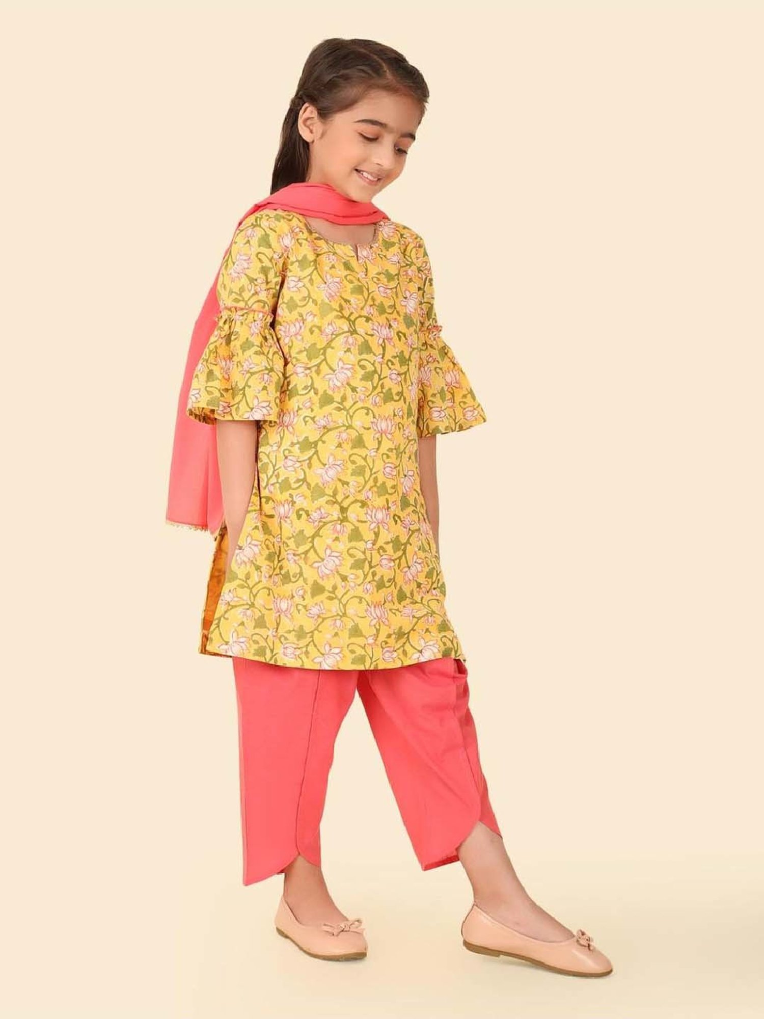 Fabindia Girls Yellow & Pink Cotton Printed Salwar Set