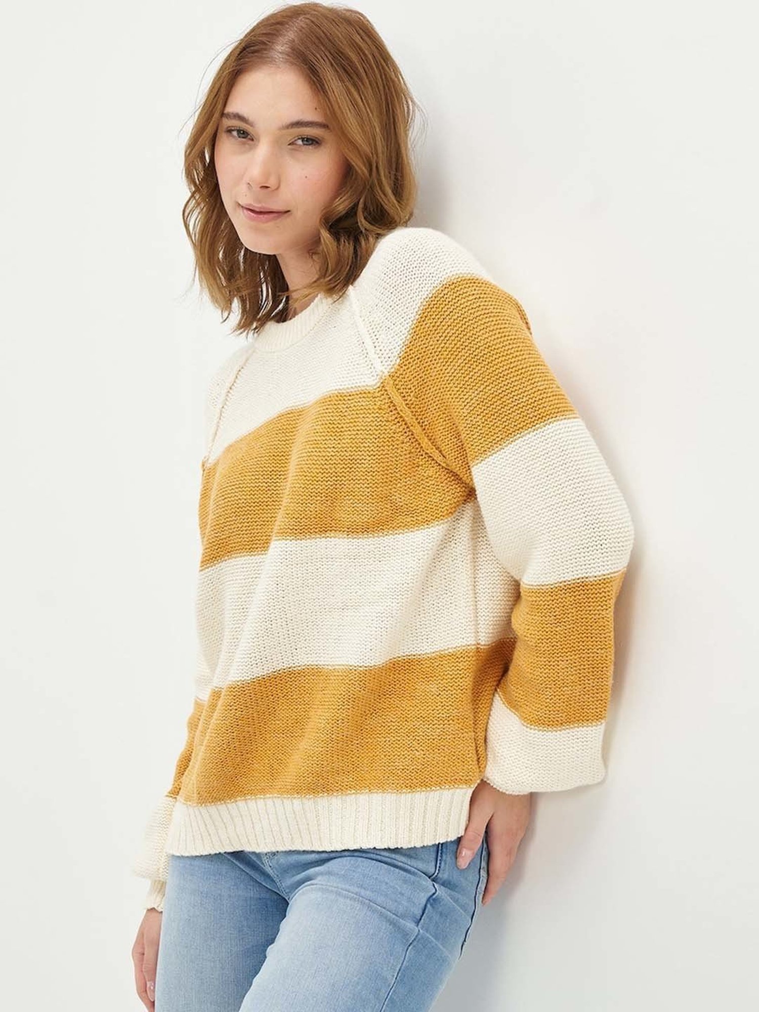 American Eagle Outfitters Orange & Cream Cotton Color-Block Sweater