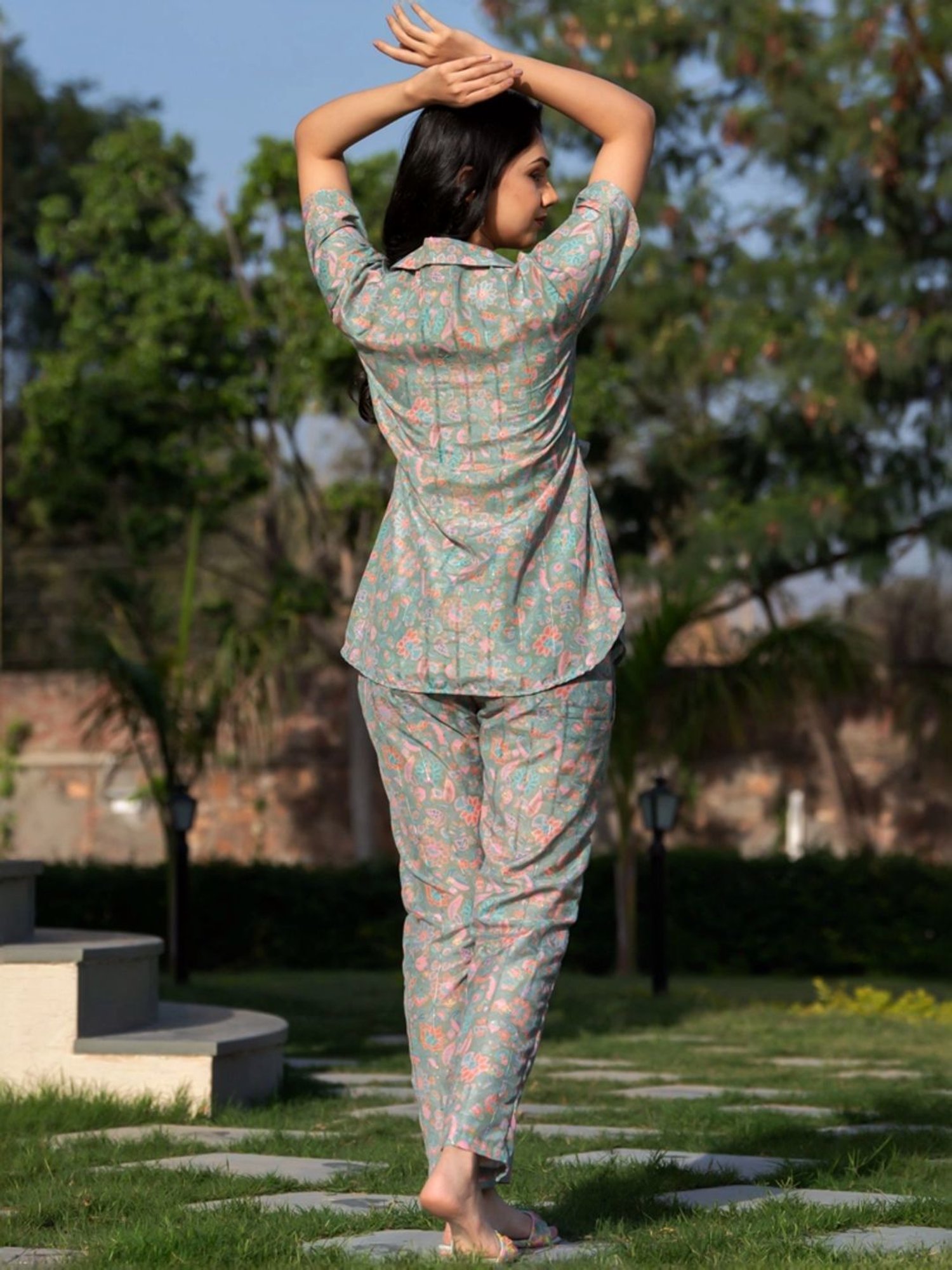 HOUSE OF JAMOTI Green Printed Tunic Pant Set