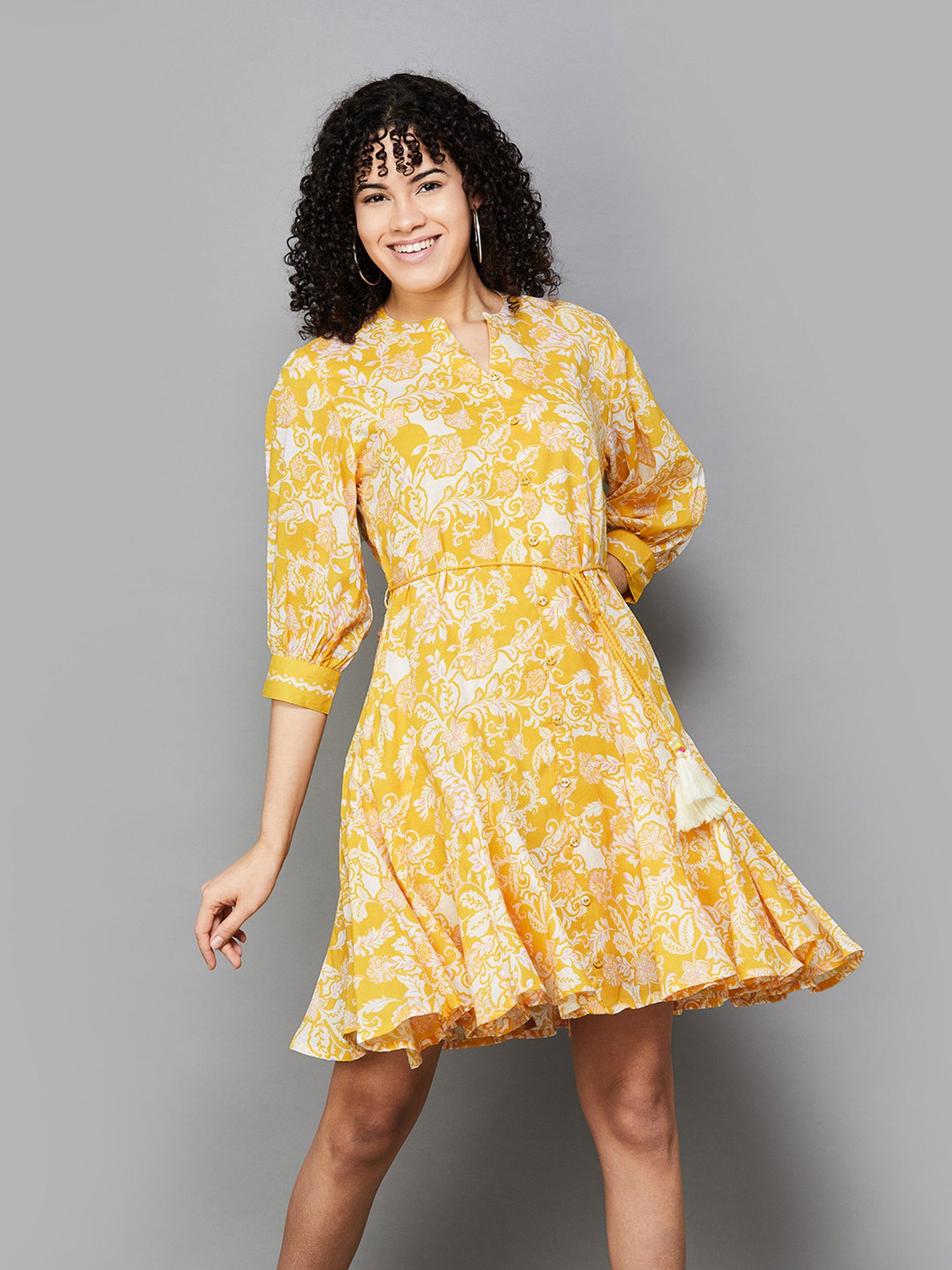 Colour Me by Melange Mustard & White Cotton Floral Print Shirt Dress