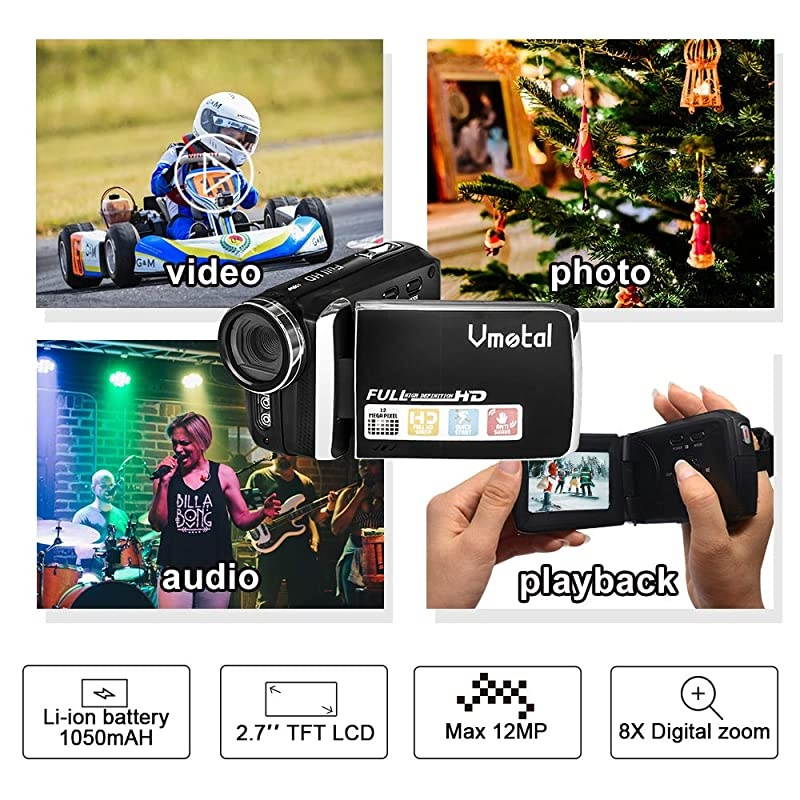 Video Camera Camcorder  HD 1080P 12.0MP 2.8 Inch LCD 270 Degrees Rotatable Screen 8X Digital Zoom Camera Recorder YouTube Vlogging Camera with Rechargable Battery (Black)