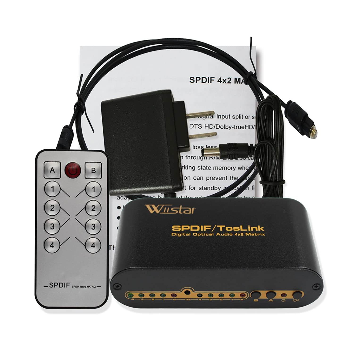 Wiistar SPDIF/TOSLINK Optical Digital Audio True Matrix 4x2 Switch Switcher Splitter with Remote Control up to 40m (4 in 2 Out)