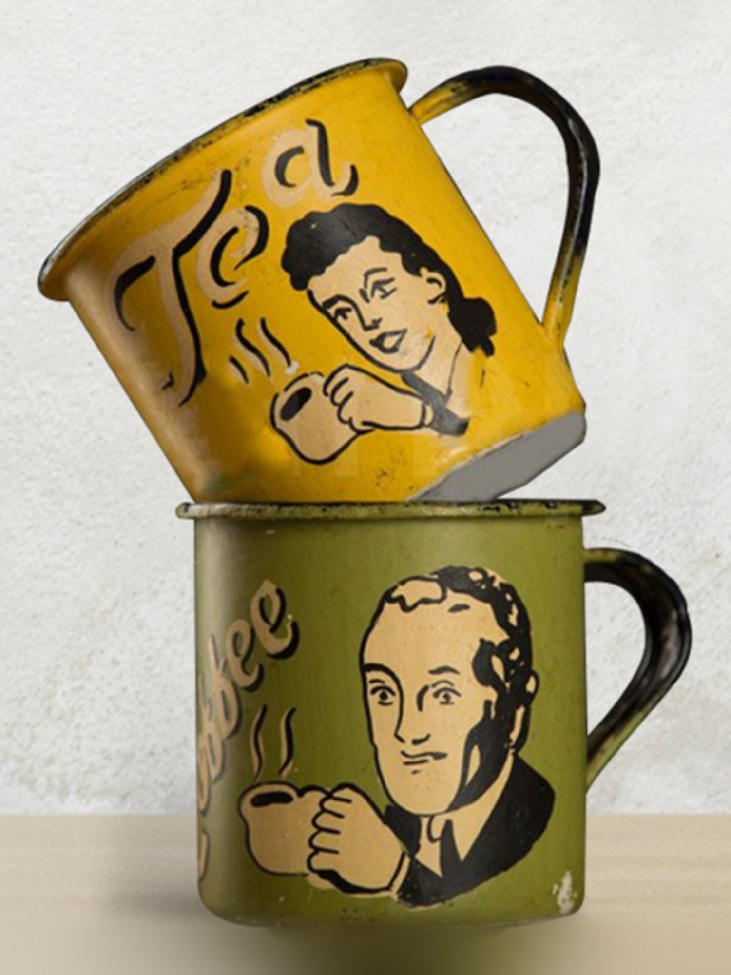 Artisans Rose Hand-painted Yellow & Green Enamel Vintage Mugs - Set of 2