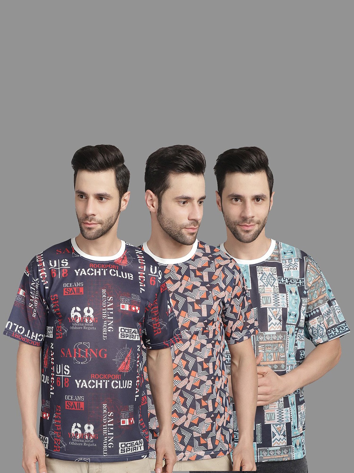 Vimal Jonney Multicolor Regular Fit Printed Crew T-Shirt - Pack of 3