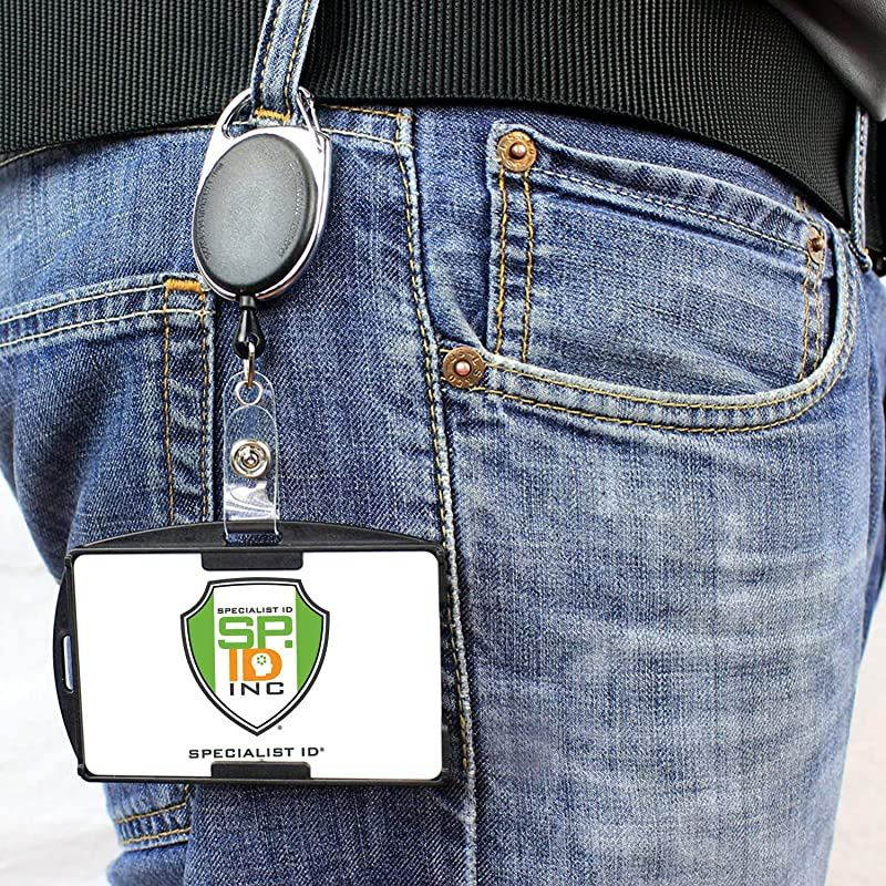 2 Pack Premium Two Card Plastic Badge Holder Vertical or Horizontal with Heavy Duty Retractable Carabiner Clip Badge Reel by  Black