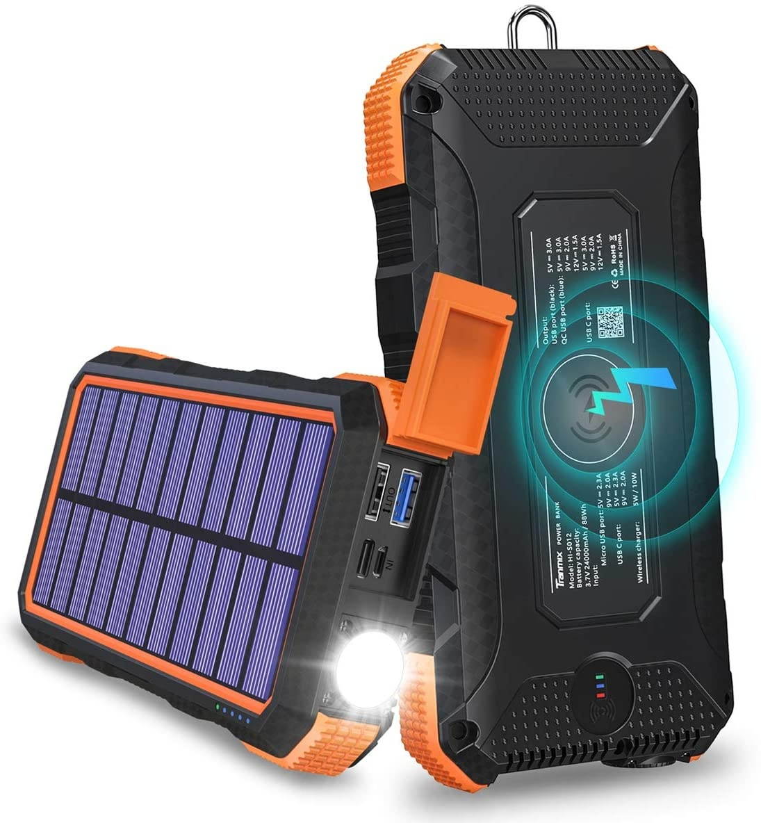 Solar Charger 24000mAh Tranmix 18W USB C Power Bank QC 3.0 Portable Wireless Charger with 4 Outputs Solar Phone Charger for Smartphone Tablet and Laptop