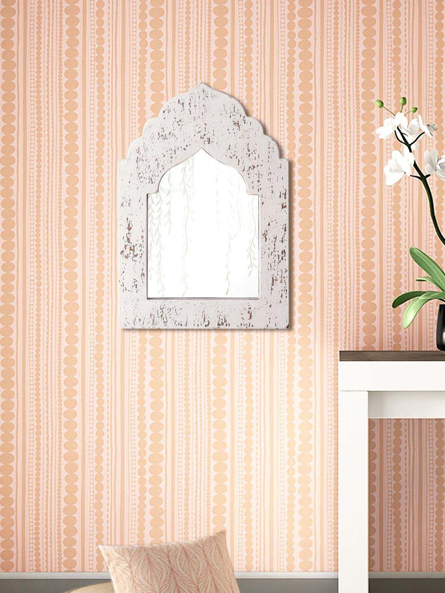 Aapno Rajasthan White Wooden Wall Mirror