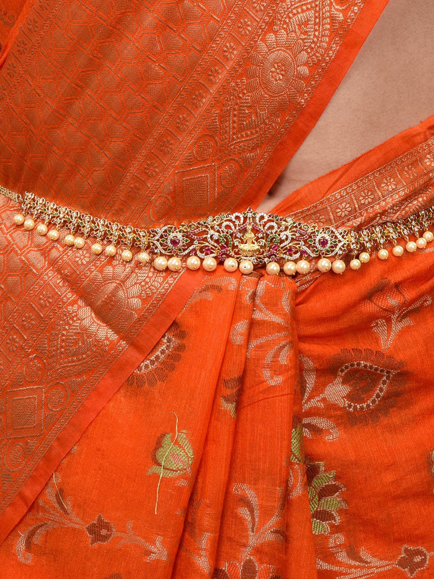 Saraf Rs Jewellery Red & Green Ad Studded Gold Plated Goddess Lakshmi Templef Kamarbandh