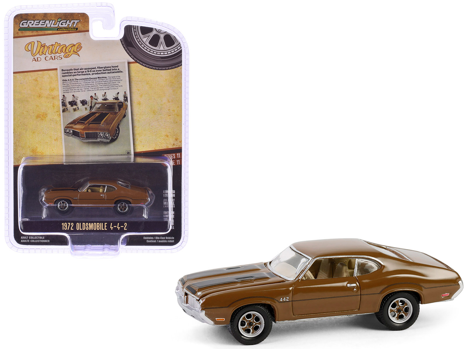 1972 Oldsmobile 442 Brown with Black Stripes "The Complete Escape Machine" "Vintage Ad Cars" Series 11 1/64 Diecast Model Car by Greenlight