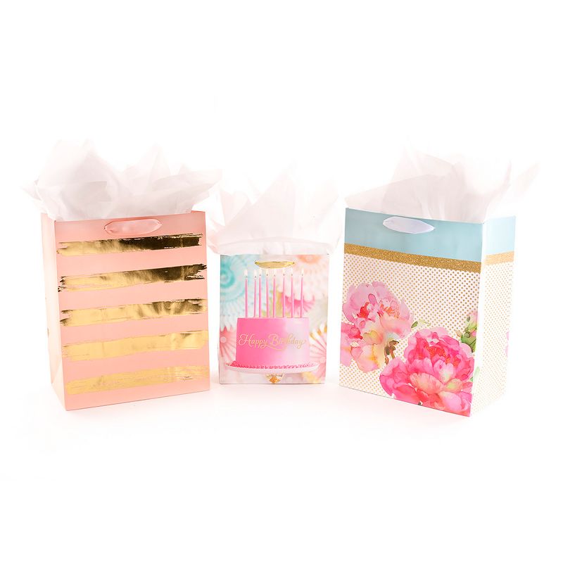 3ct Gift Bag Bundle With Tissue Paper Pink/Gold - Hallmark
