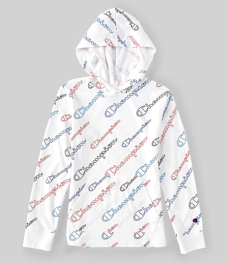 Champion Big Boys 8-20 Long-Sleeve Diagonal Script-Logo AOP Hooded Tee
