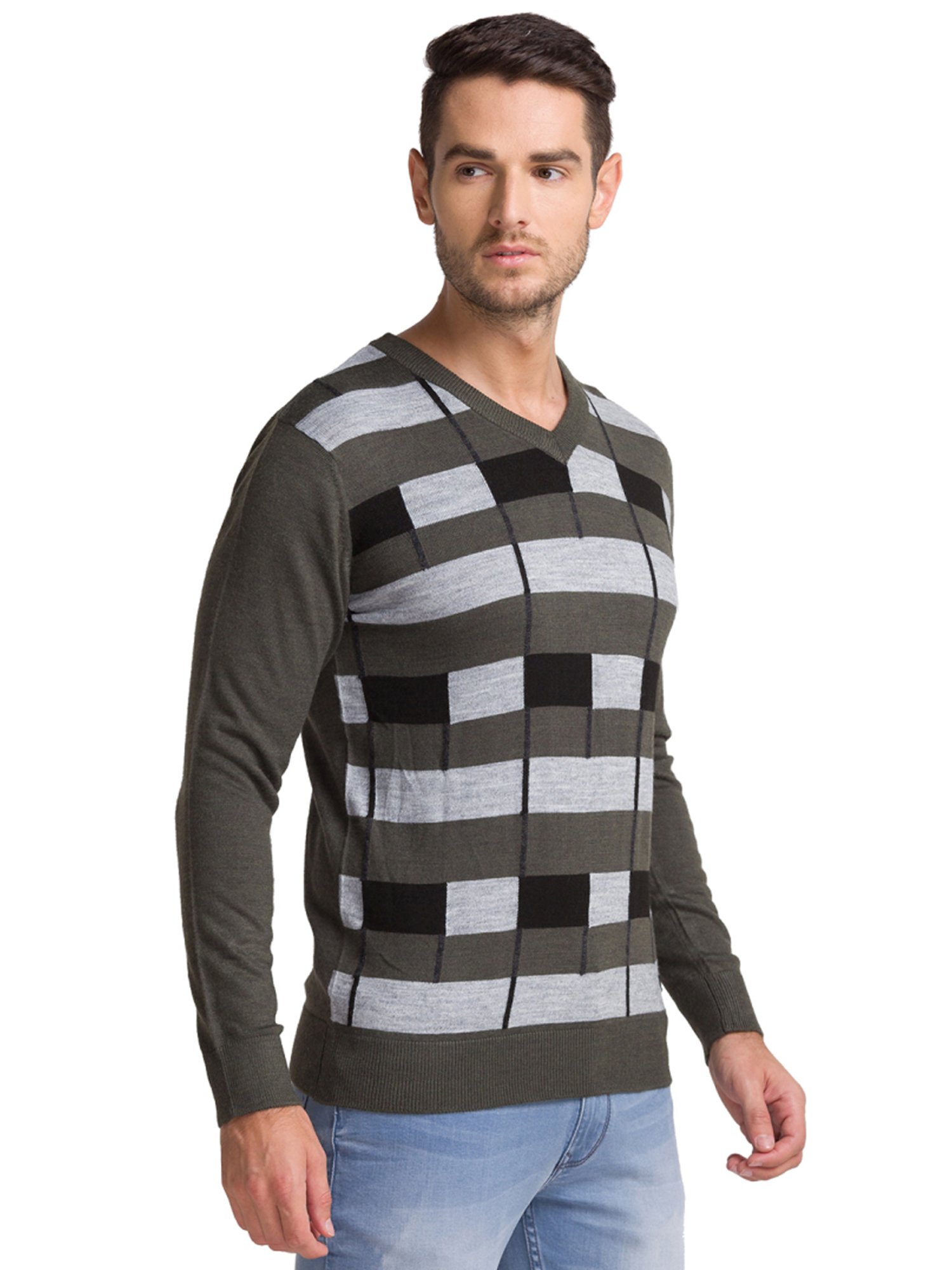 Parx Grey Regular Fit Striped Sweaters
