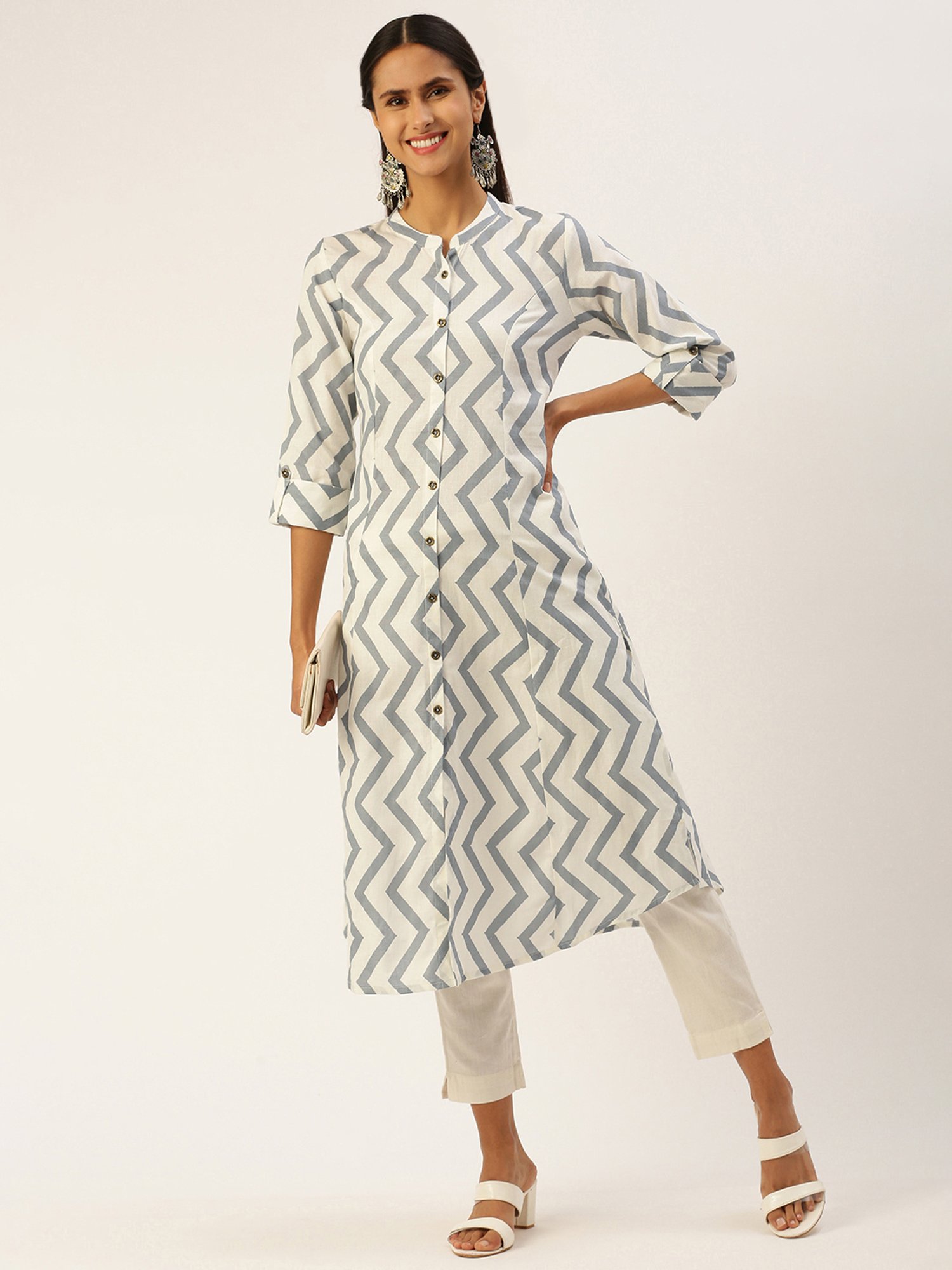 Amukti Beige Floral Print A-Line Kurta