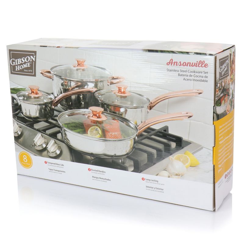 Gibson Home Ansonville 8 Piece Stainless Steel Cookware Set with Rose Gold Handles
