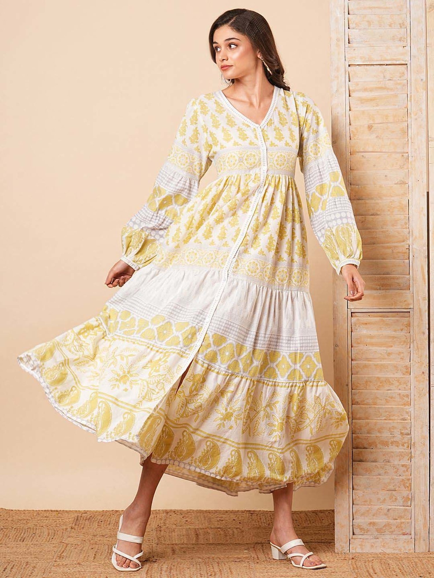 Fashor White & Yellow Cotton Printed Maxi Dress
