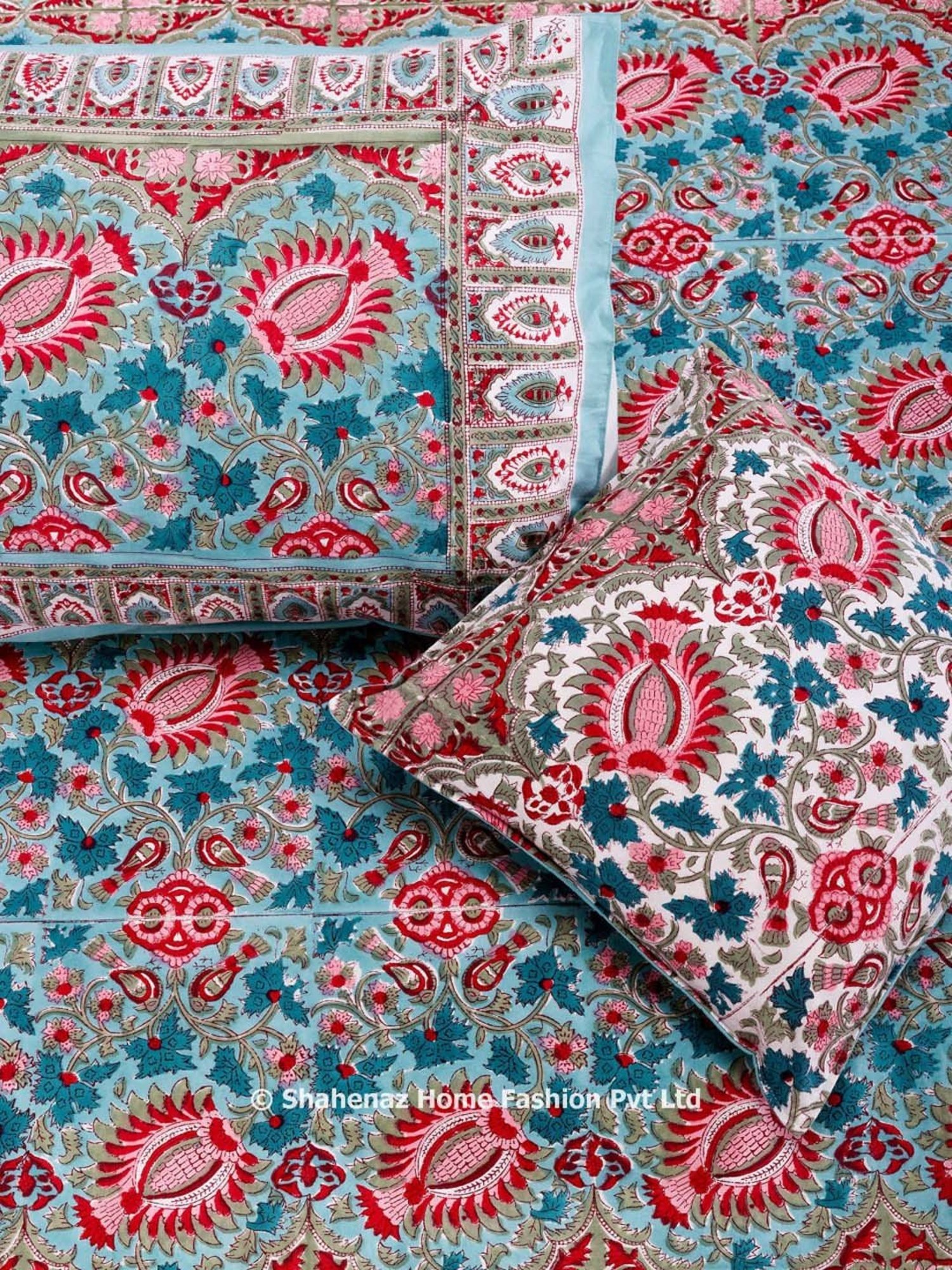 Shahenaz Blue & Pink 120 TC Cotton Camerina Single Bedsheet with 1 Pillow Cover