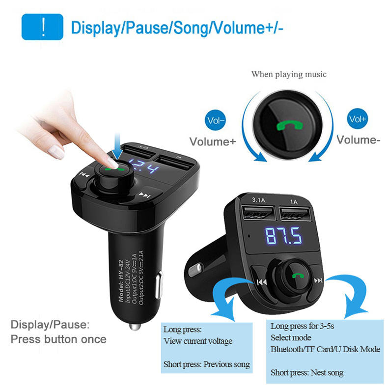 Hands-free calling car charger, wireless Bluetooth FM transmitter and radio receiver, Mp3 audio music stereo adapter, dual USB port charger, compatible with all smart phones, Samsung Galaxy, LG, HTC,