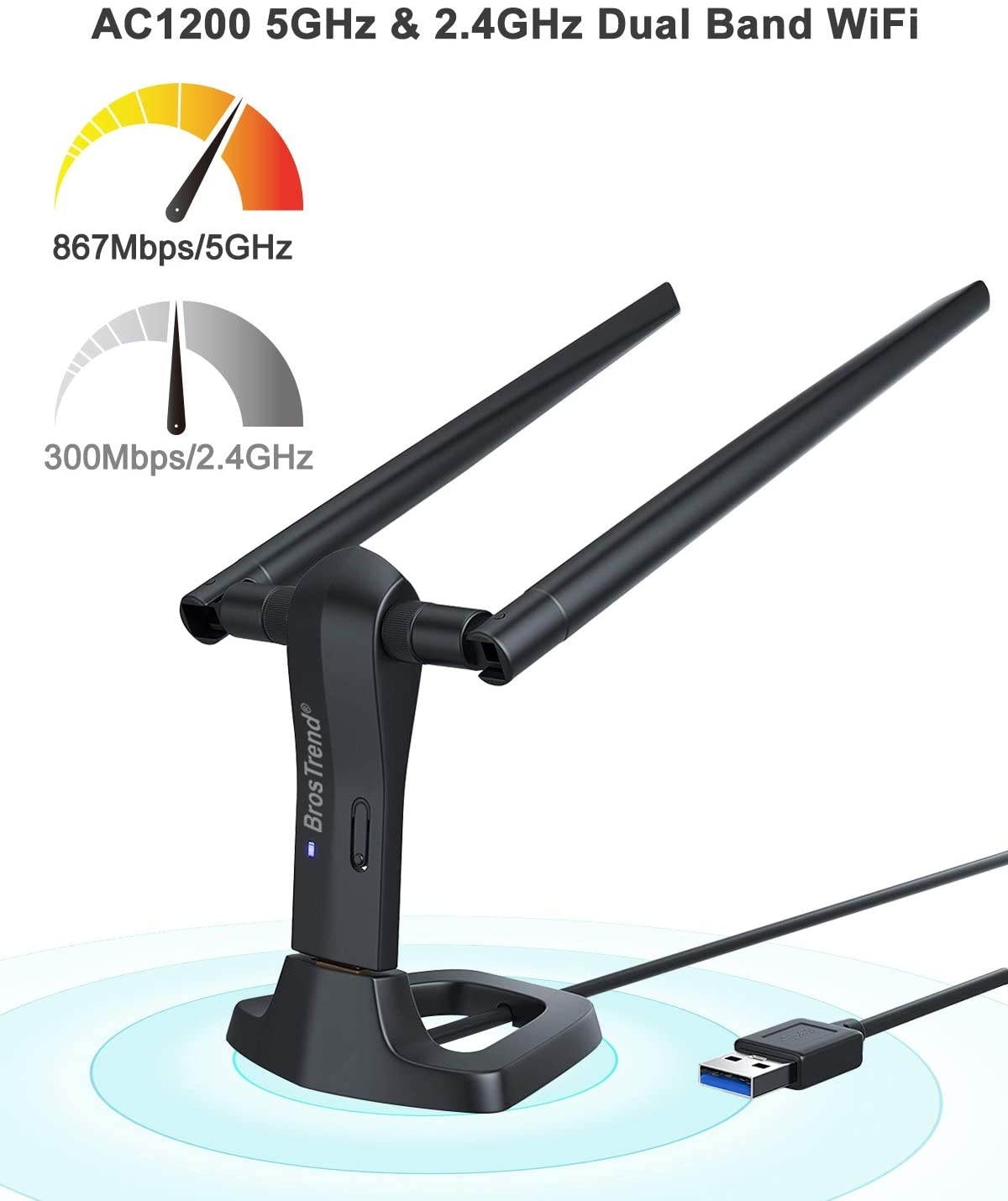 1200Mbps Linux USB WiFi Adapter for Desktop, Laptop of Ubuntu, Mint, Kali, Debian, Lubuntu, Xubuntu, Zorin, Raspbian, Raspberry Pi, Windows 10-XP, 5GHz / 2.4GHz, 2 X 5dBi Antennas, USB 3.0