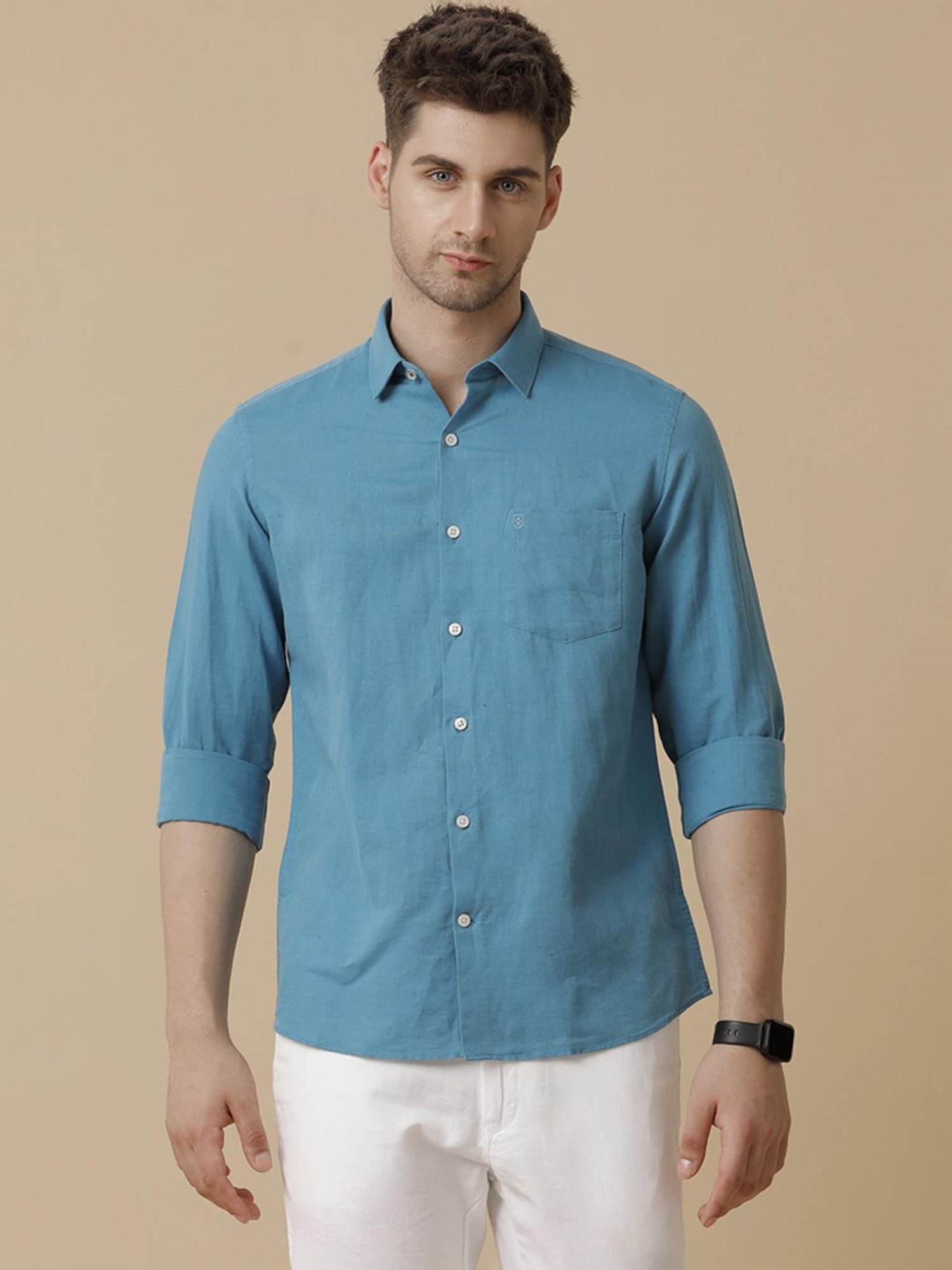 Linen Club Blue Linen Contemporary Fit Shirt
