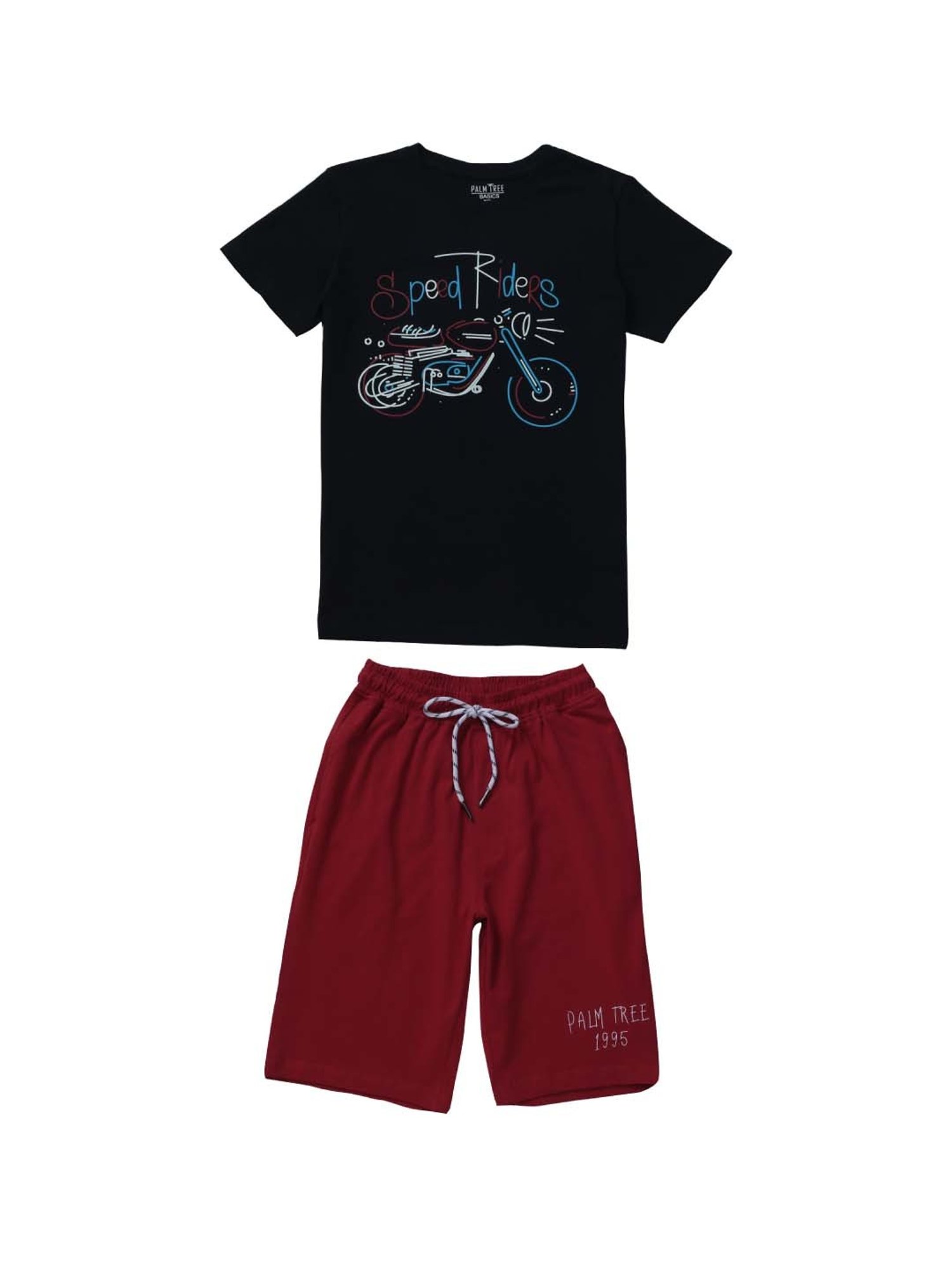 Palm Tree Kids Black & Red Cotton Printed T-Shirt Set